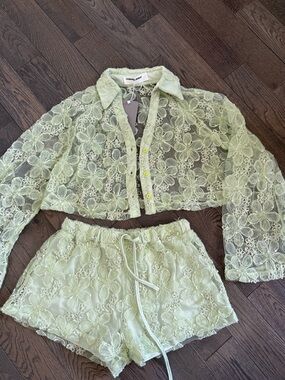 Missguided Sheer Floral Lace Button-Up in Light Sage